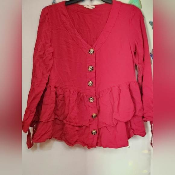 Women's Solid Color V Neck Long Sleeve Shirt with Ruffle Hem - Picture 3 of 5
